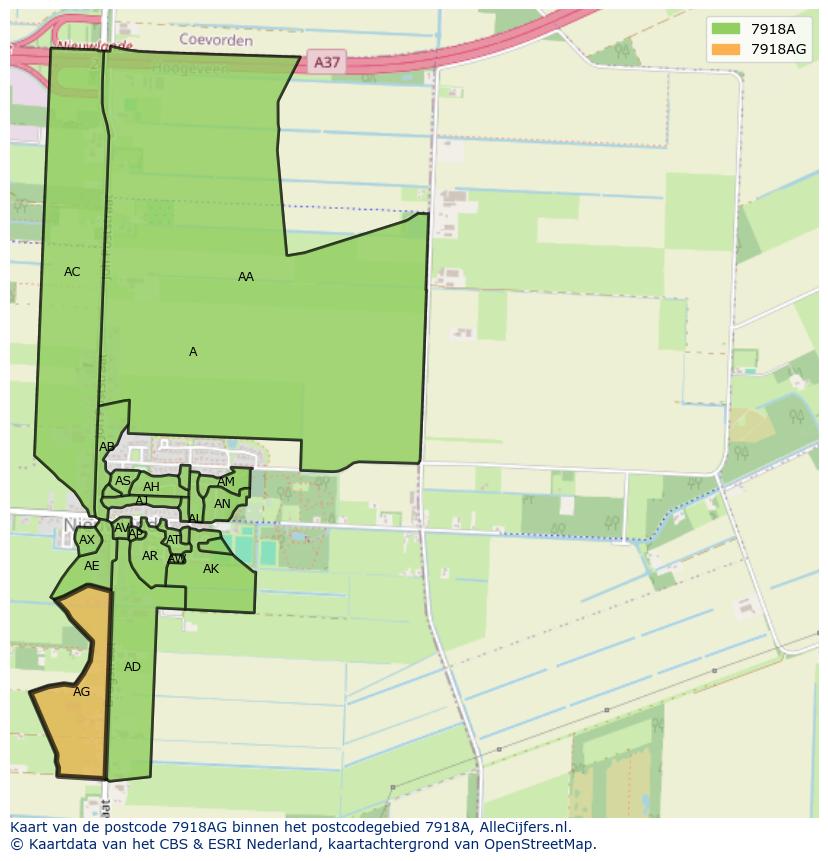Afbeelding van het postcodegebied 7918 AG op de kaart.