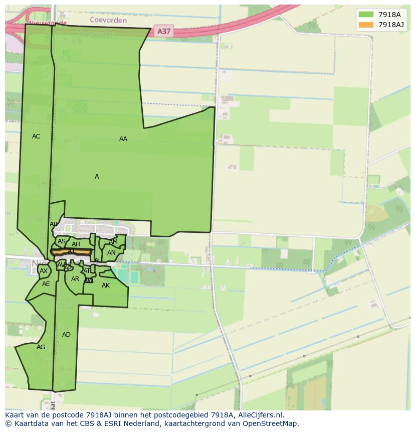 Afbeelding van het postcodegebied 7918 AJ op de kaart.