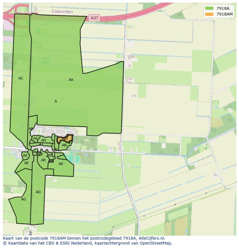 Afbeelding van het postcodegebied 7918 AM op de kaart.