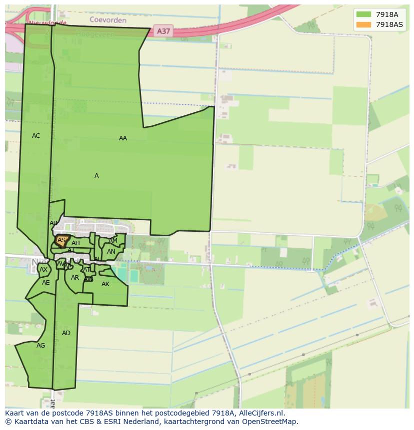 Afbeelding van het postcodegebied 7918 AS op de kaart.