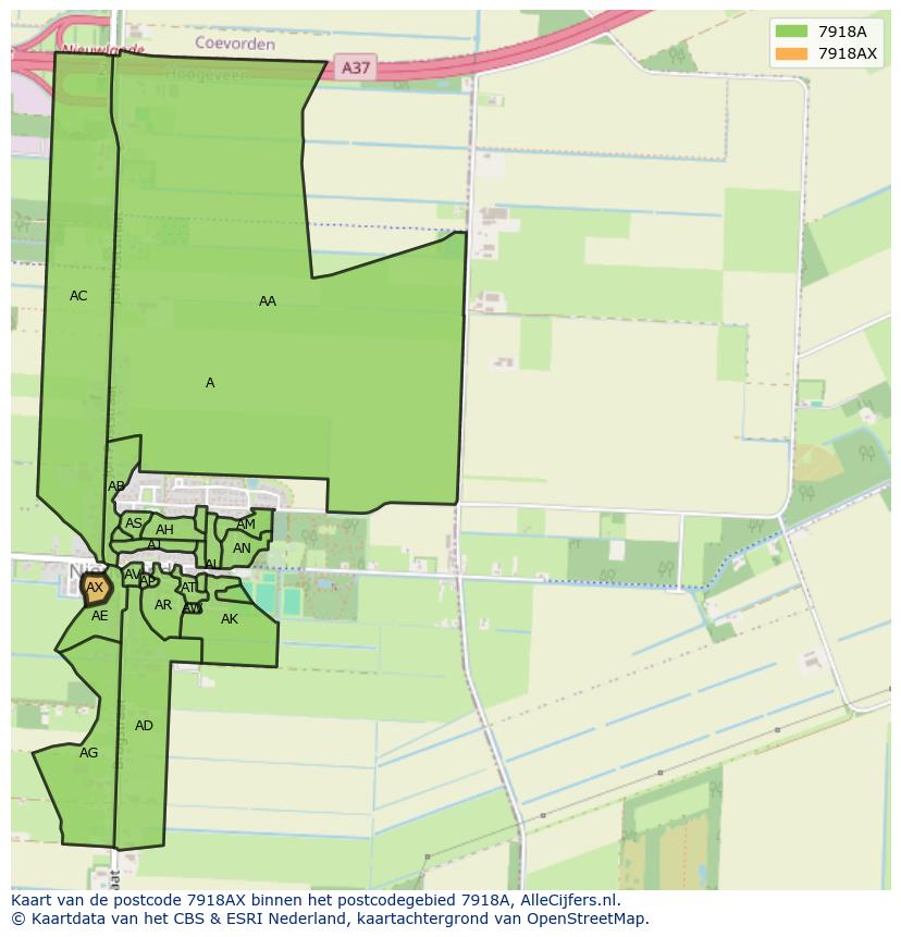 Afbeelding van het postcodegebied 7918 AX op de kaart.