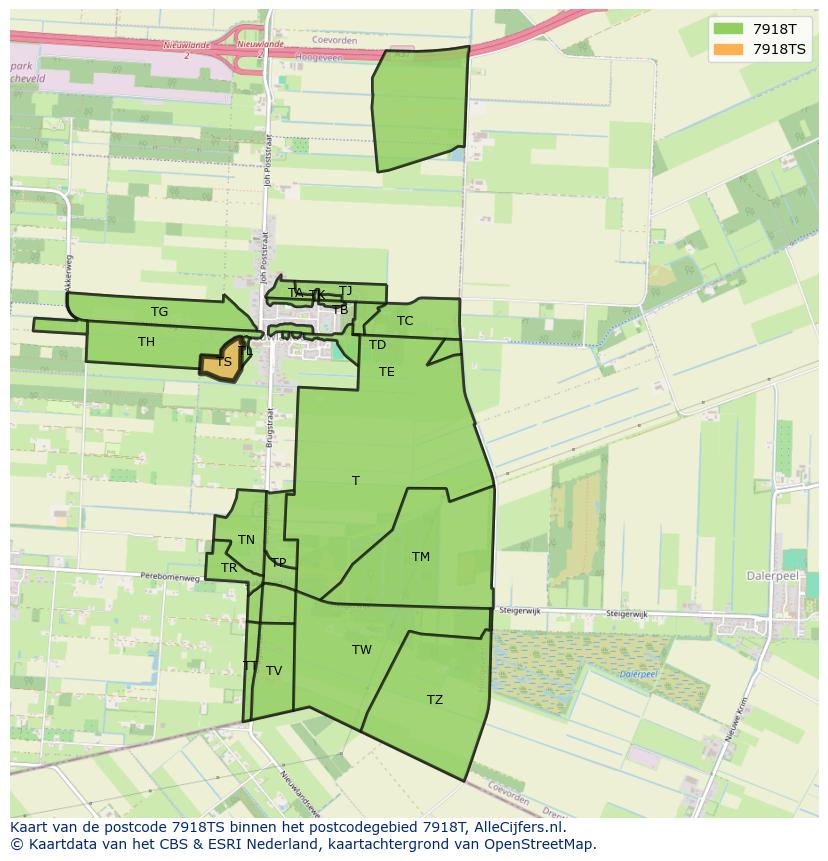 Afbeelding van het postcodegebied 7918 TS op de kaart.