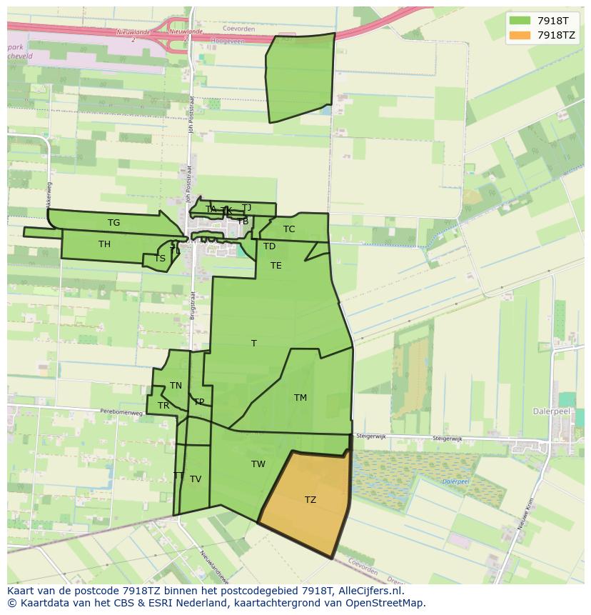 Afbeelding van het postcodegebied 7918 TZ op de kaart.