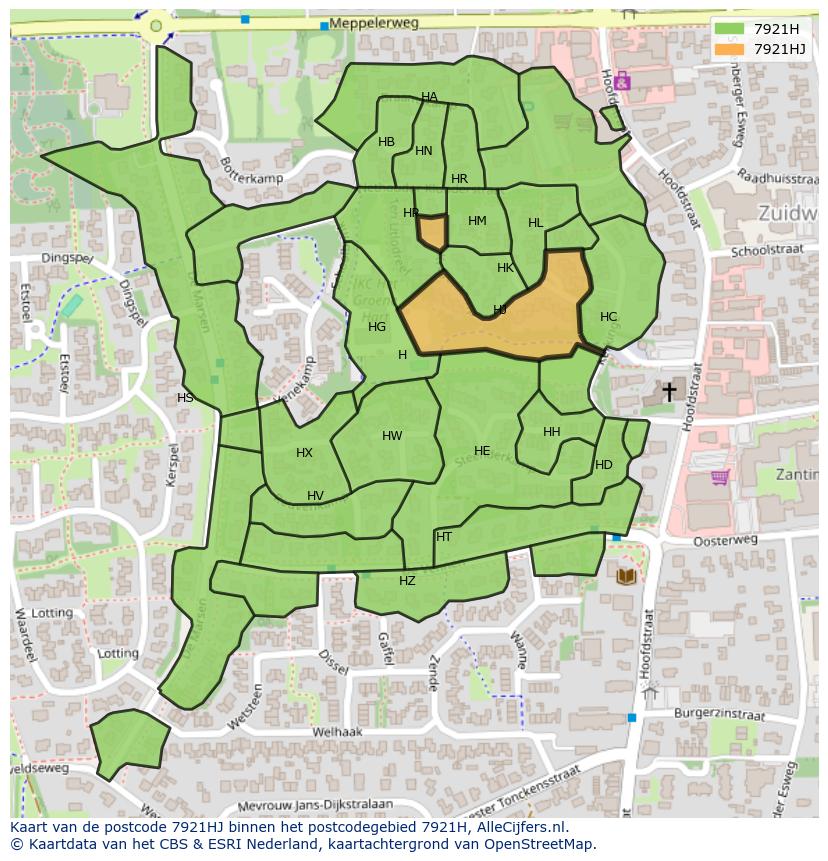 Afbeelding van het postcodegebied 7921 HJ op de kaart.