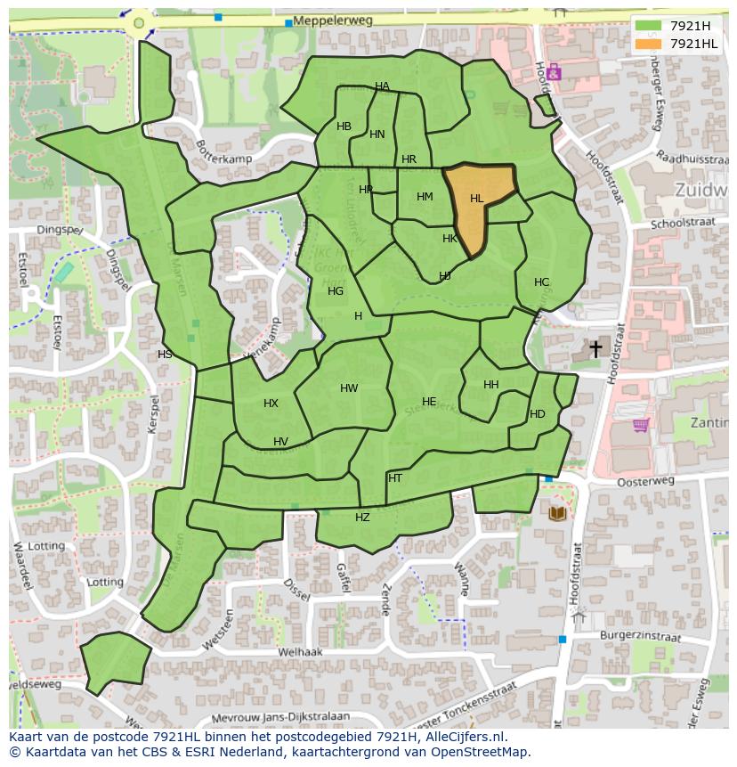 Afbeelding van het postcodegebied 7921 HL op de kaart.