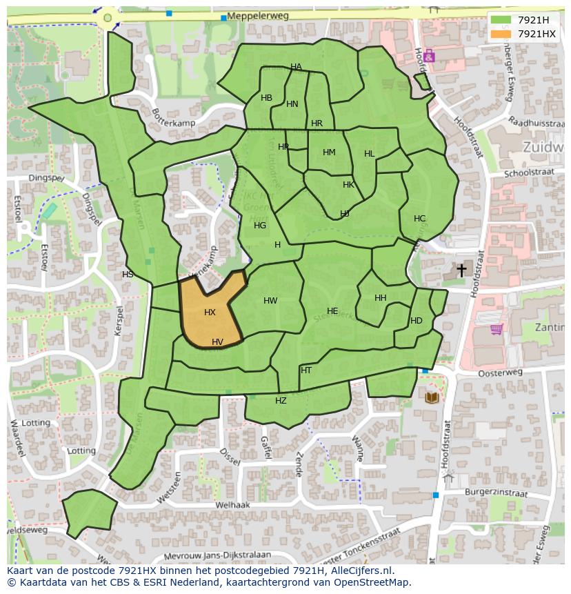 Afbeelding van het postcodegebied 7921 HX op de kaart.