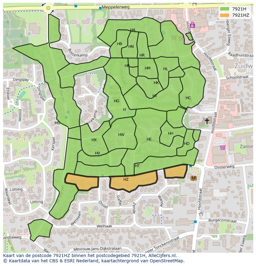 Afbeelding van het postcodegebied 7921 HZ op de kaart.