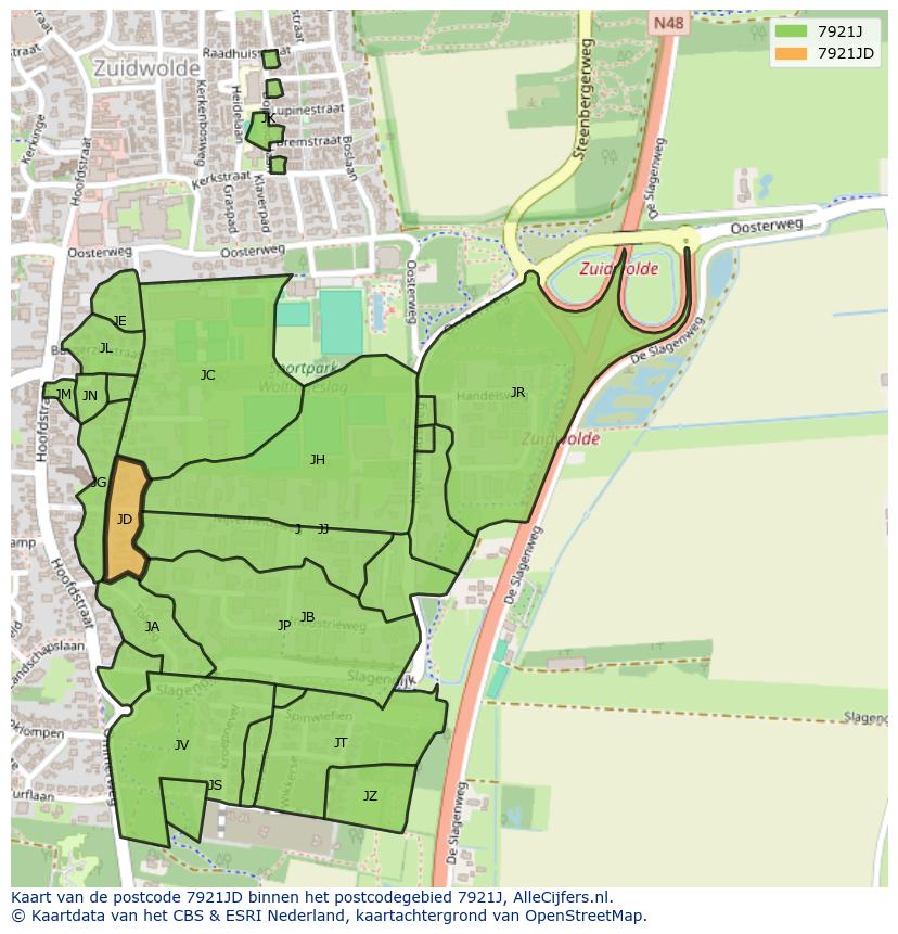Afbeelding van het postcodegebied 7921 JD op de kaart.