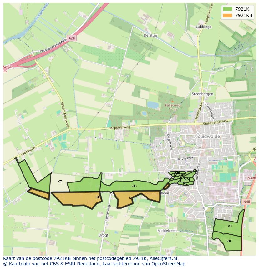 Afbeelding van het postcodegebied 7921 KB op de kaart.