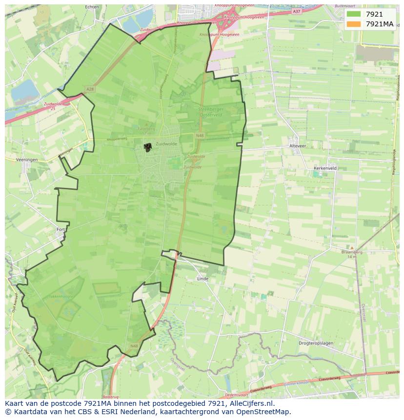 Afbeelding van het postcodegebied 7921 MA op de kaart.