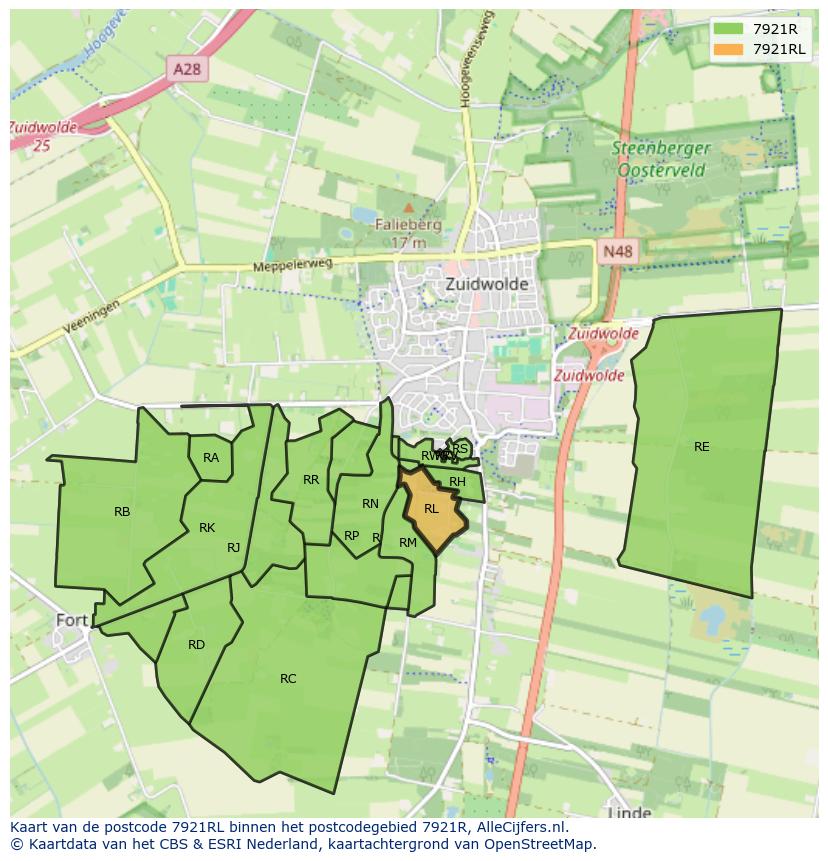 Afbeelding van het postcodegebied 7921 RL op de kaart.