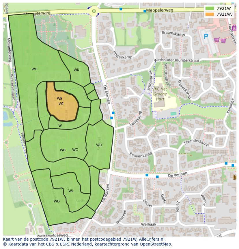 Afbeelding van het postcodegebied 7921 WJ op de kaart.