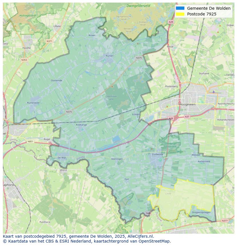 Afbeelding van het postcodegebied 7925 op de kaart.