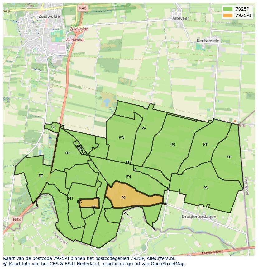 Afbeelding van het postcodegebied 7925 PJ op de kaart.