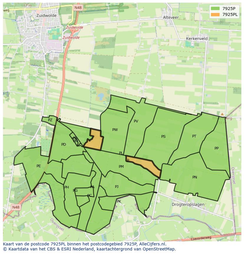 Afbeelding van het postcodegebied 7925 PL op de kaart.