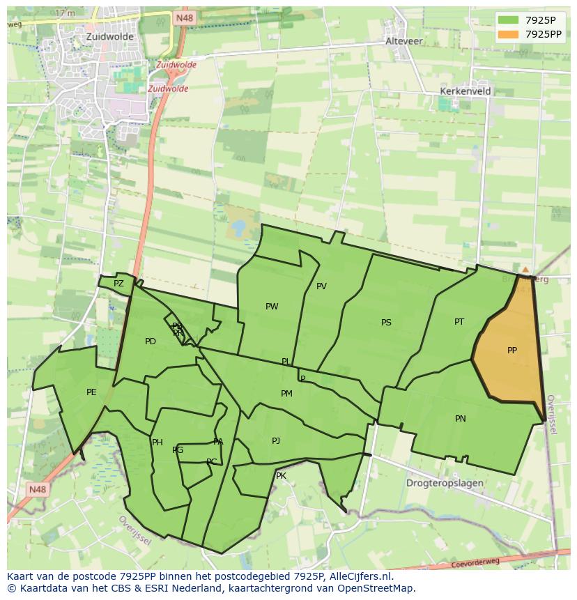 Afbeelding van het postcodegebied 7925 PP op de kaart.