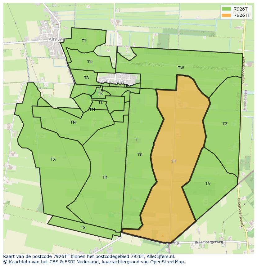 Afbeelding van het postcodegebied 7926 TT op de kaart.