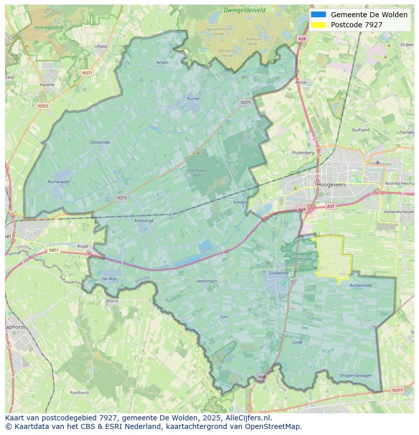 Afbeelding van het postcodegebied 7927 op de kaart.