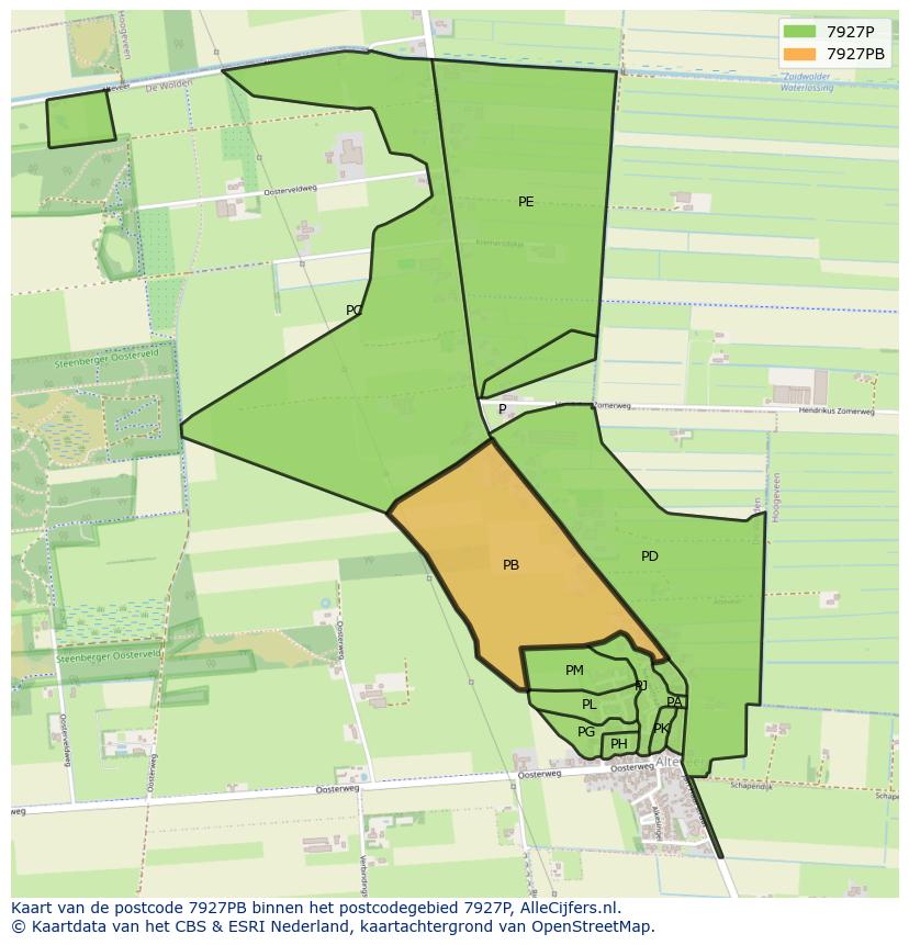 Afbeelding van het postcodegebied 7927 PB op de kaart.