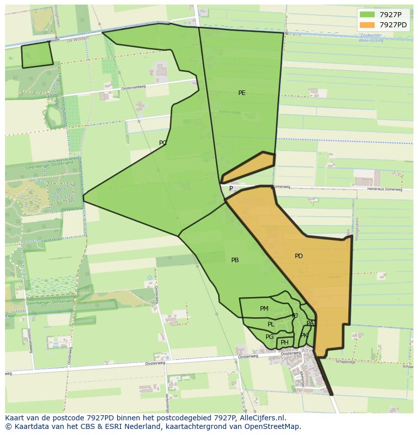 Afbeelding van het postcodegebied 7927 PD op de kaart.