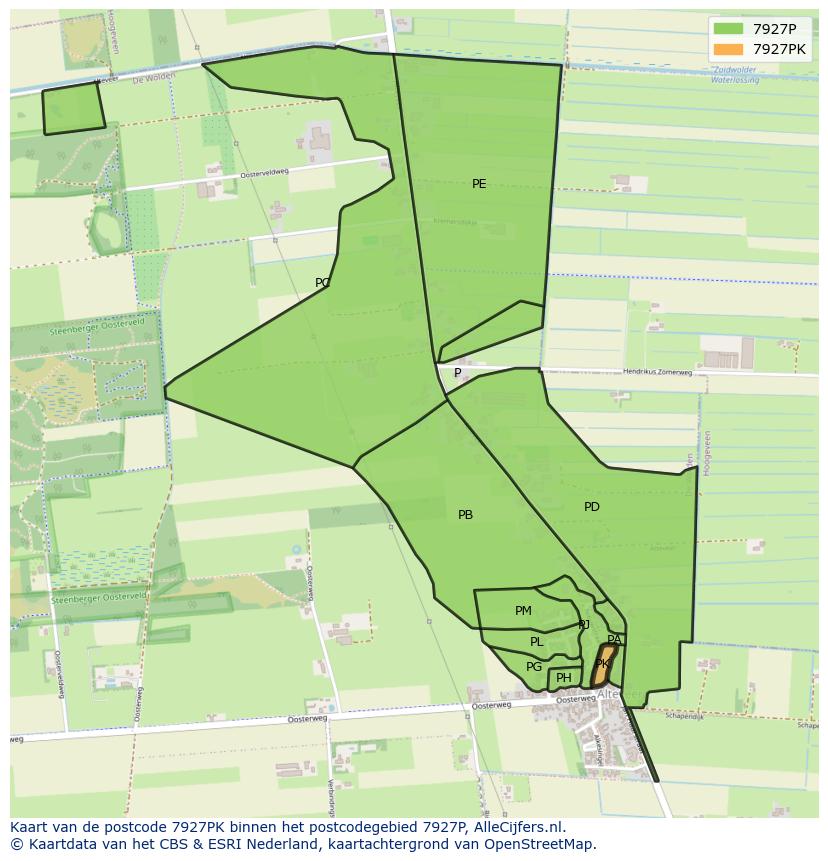 Afbeelding van het postcodegebied 7927 PK op de kaart.