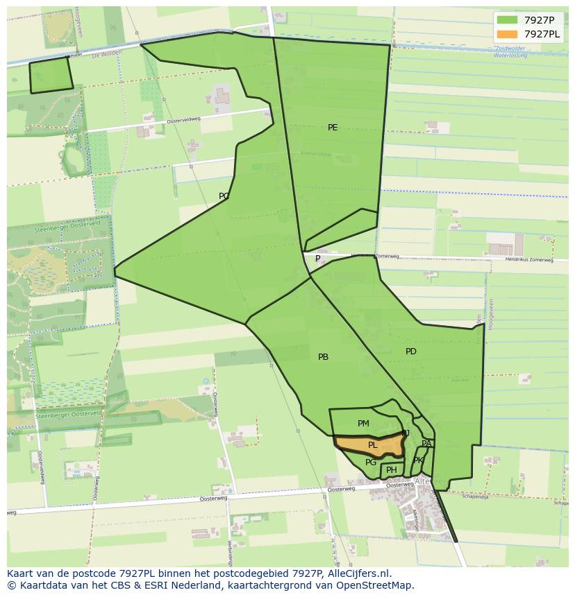 Afbeelding van het postcodegebied 7927 PL op de kaart.
