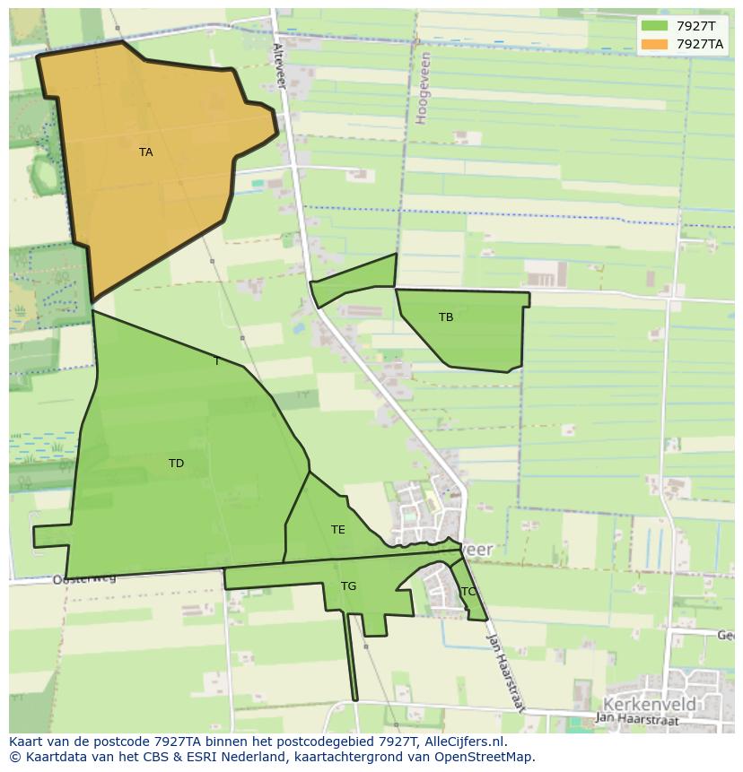 Afbeelding van het postcodegebied 7927 TA op de kaart.