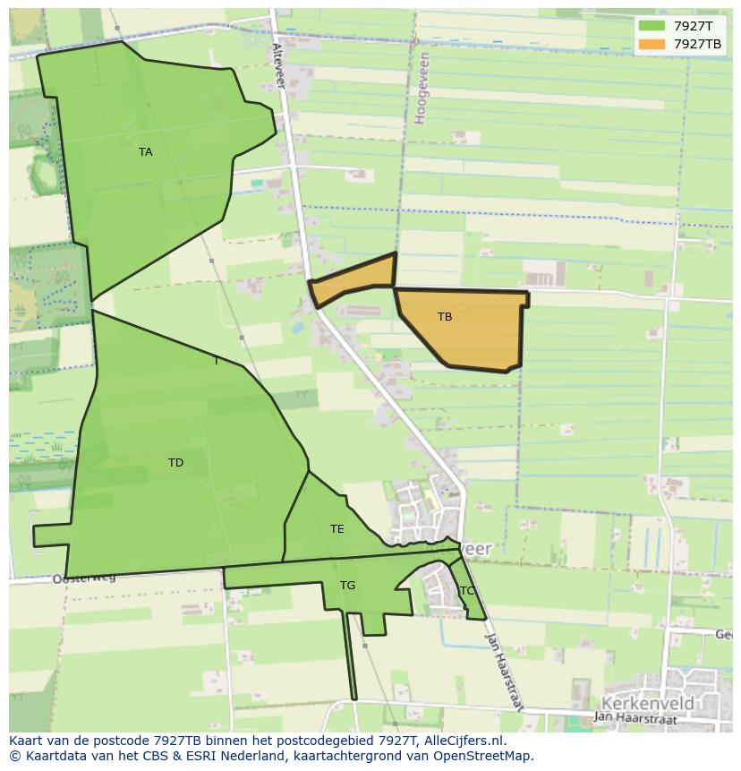 Afbeelding van het postcodegebied 7927 TB op de kaart.