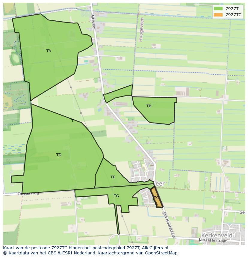 Afbeelding van het postcodegebied 7927 TC op de kaart.