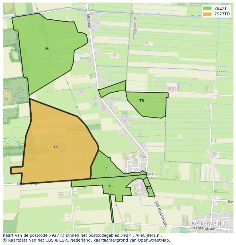 Afbeelding van het postcodegebied 7927 TD op de kaart.