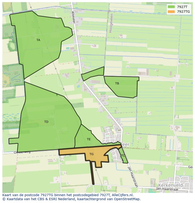 Afbeelding van het postcodegebied 7927 TG op de kaart.