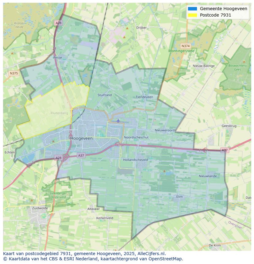 Afbeelding van het postcodegebied 7931 op de kaart.