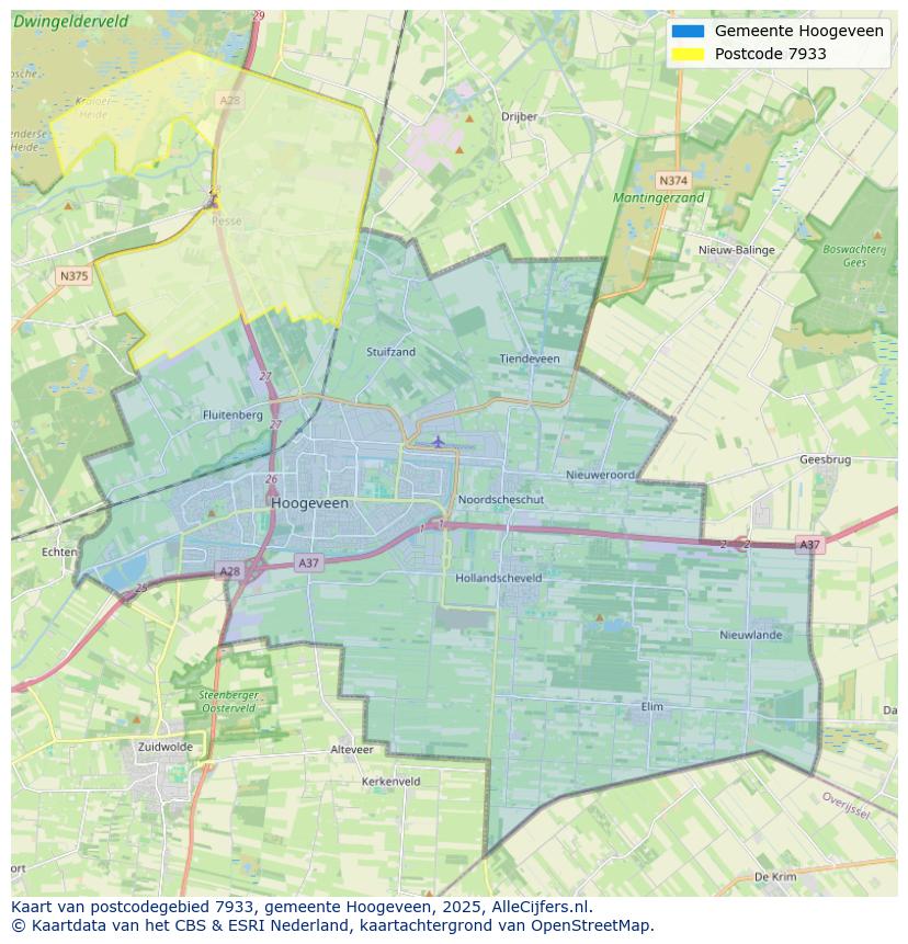 Afbeelding van het postcodegebied 7933 op de kaart.