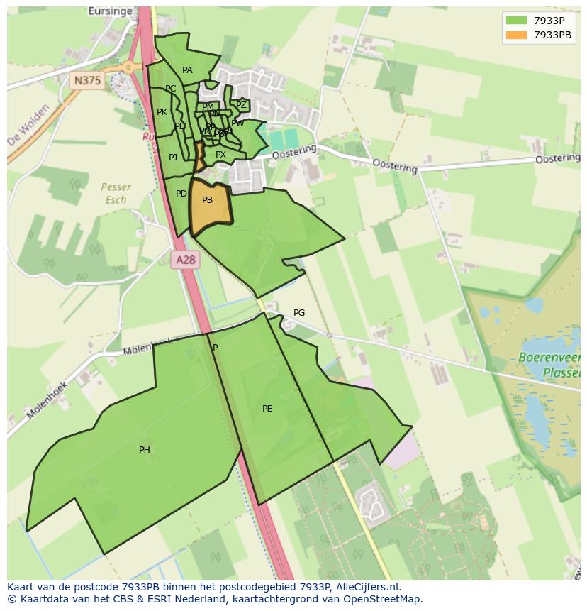 Afbeelding van het postcodegebied 7933 PB op de kaart.