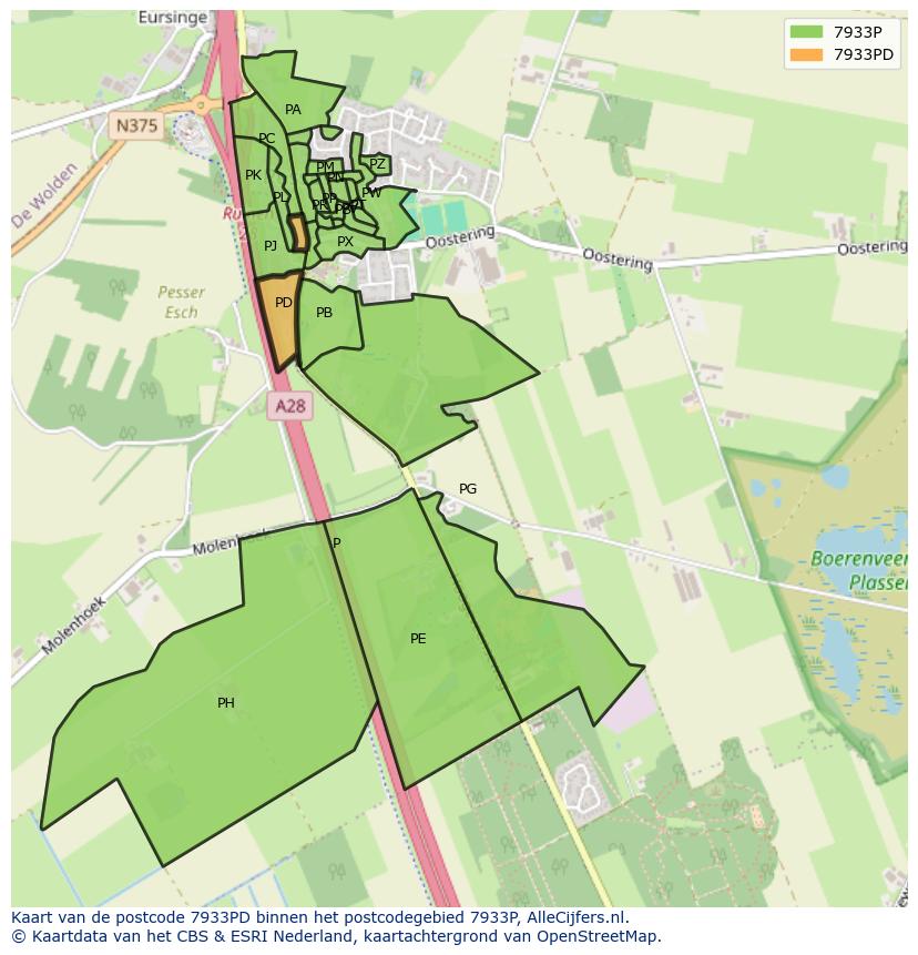 Afbeelding van het postcodegebied 7933 PD op de kaart.