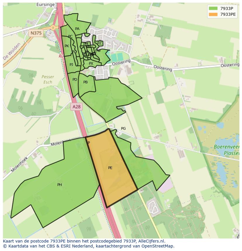 Afbeelding van het postcodegebied 7933 PE op de kaart.