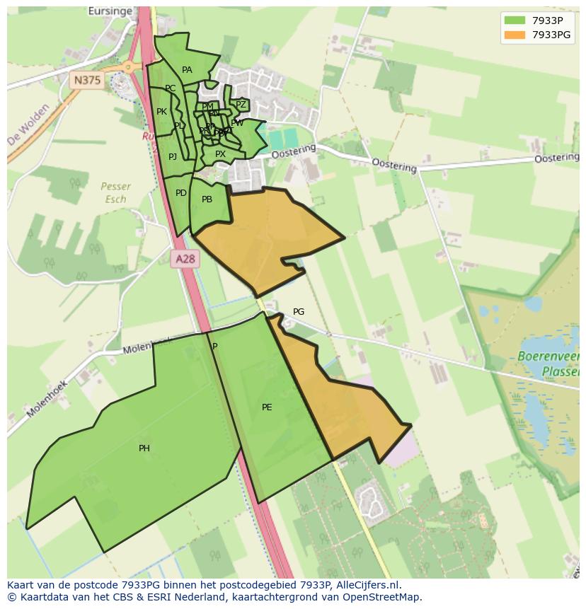 Afbeelding van het postcodegebied 7933 PG op de kaart.