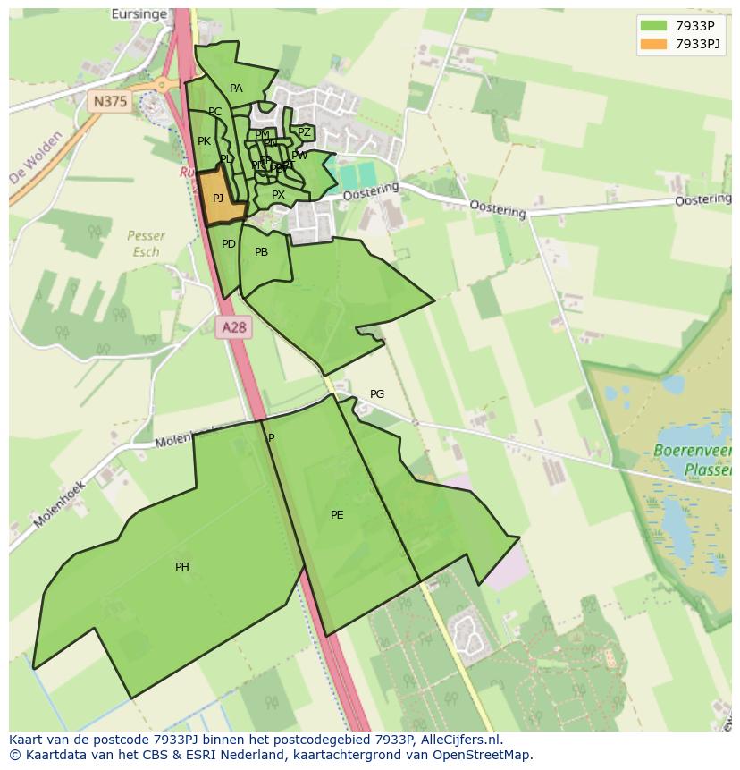 Afbeelding van het postcodegebied 7933 PJ op de kaart.