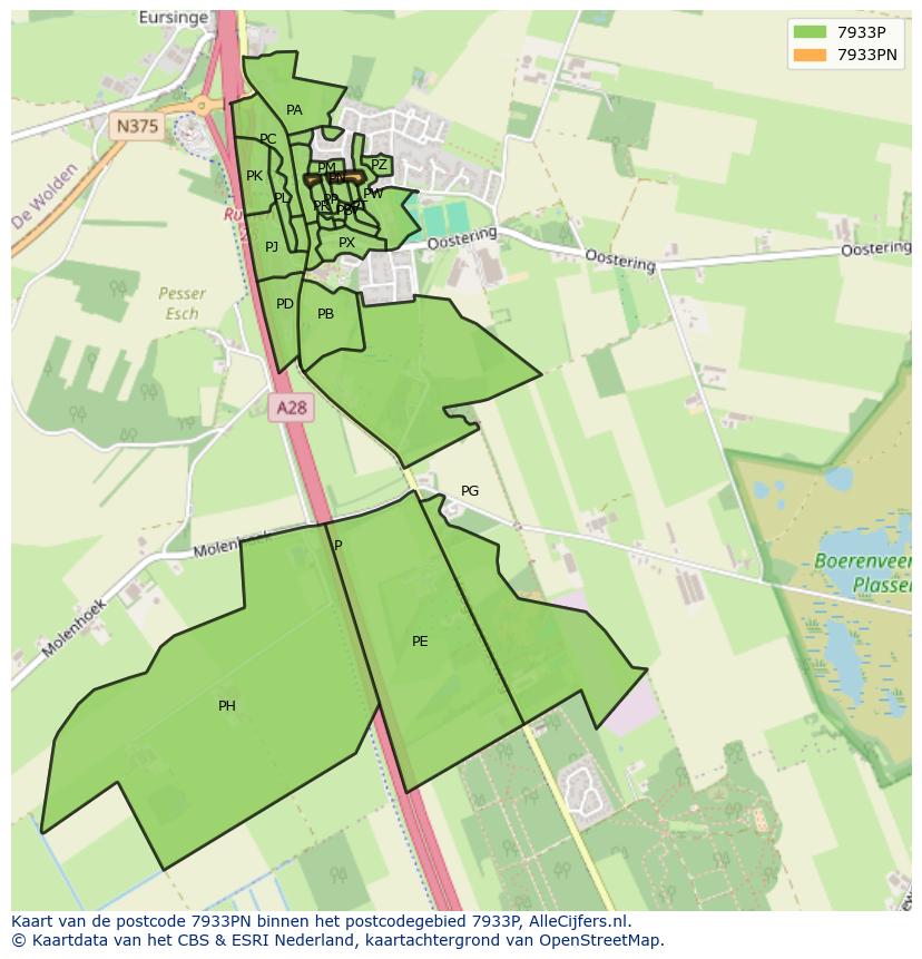 Afbeelding van het postcodegebied 7933 PN op de kaart.