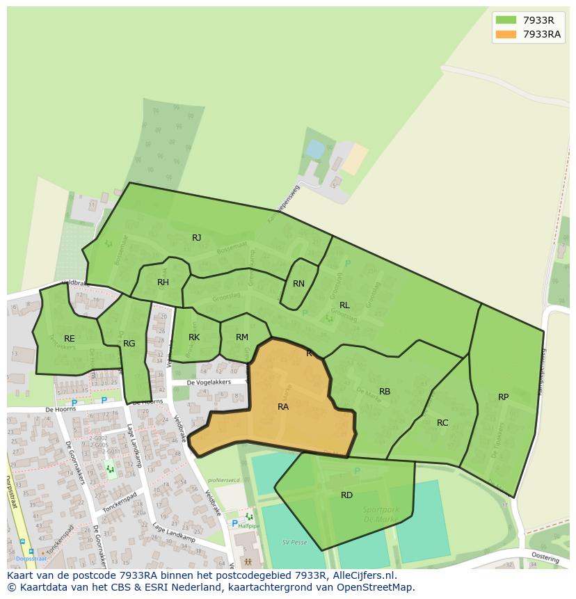 Afbeelding van het postcodegebied 7933 RA op de kaart.