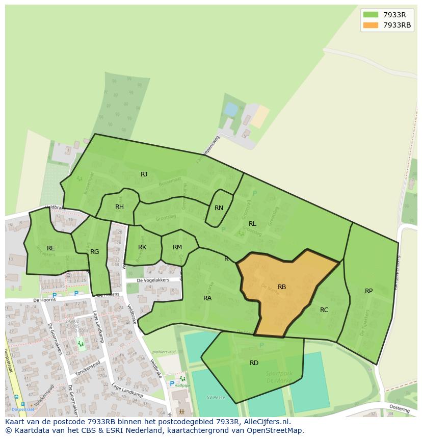 Afbeelding van het postcodegebied 7933 RB op de kaart.