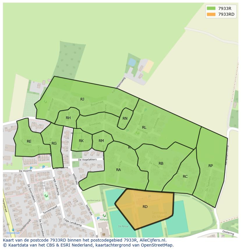 Afbeelding van het postcodegebied 7933 RD op de kaart.