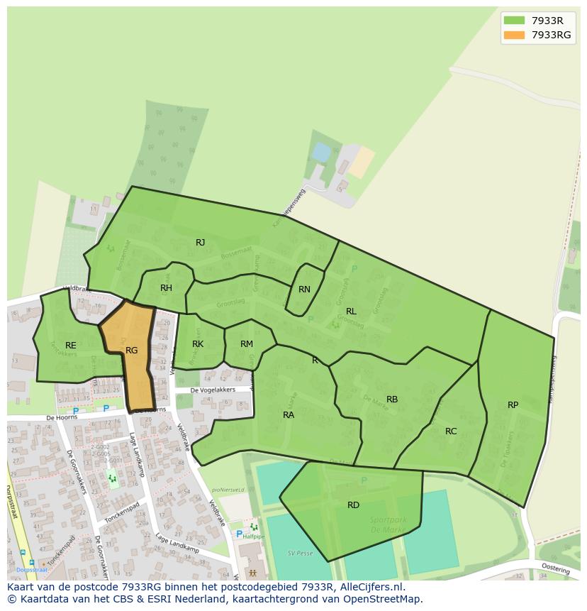 Afbeelding van het postcodegebied 7933 RG op de kaart.
