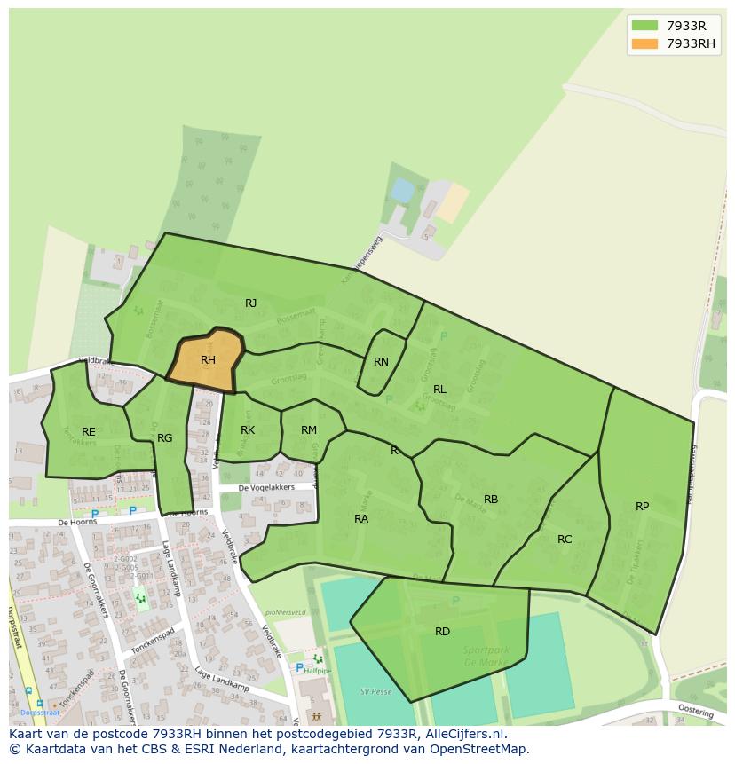 Afbeelding van het postcodegebied 7933 RH op de kaart.