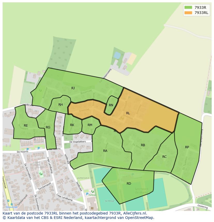 Afbeelding van het postcodegebied 7933 RL op de kaart.