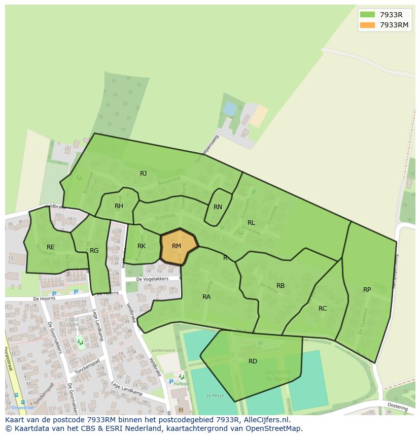 Afbeelding van het postcodegebied 7933 RM op de kaart.