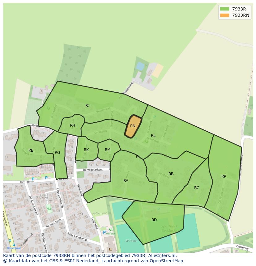 Afbeelding van het postcodegebied 7933 RN op de kaart.