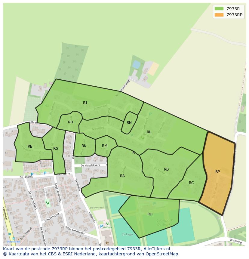 Afbeelding van het postcodegebied 7933 RP op de kaart.