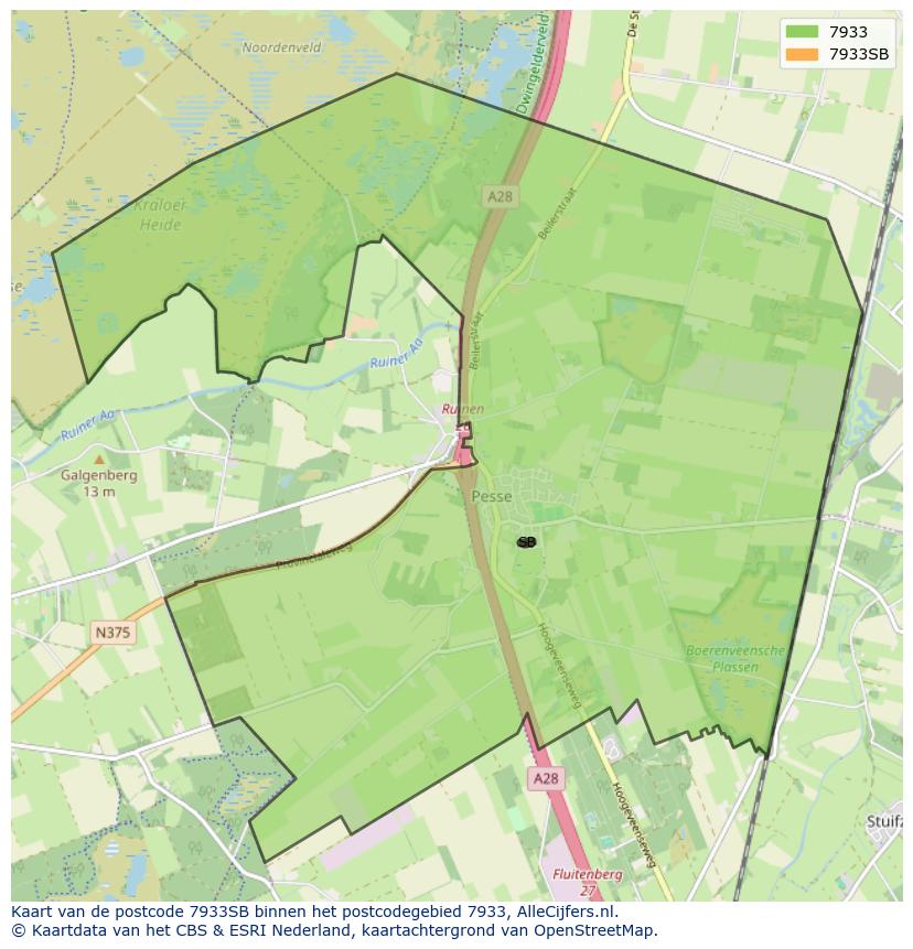 Afbeelding van het postcodegebied 7933 SB op de kaart.