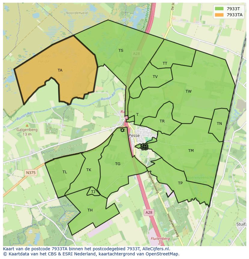 Afbeelding van het postcodegebied 7933 TA op de kaart.